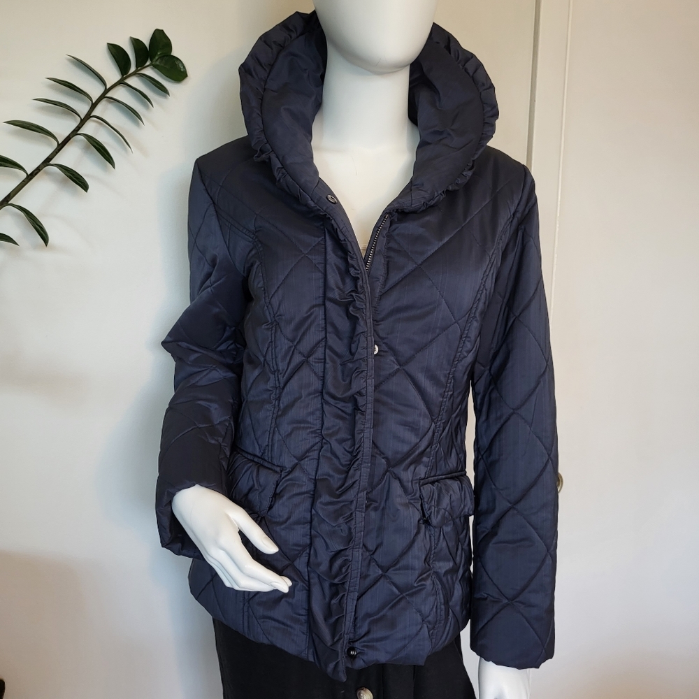 Brax blue quilted ruffled shawl collar hidden zip+snap closure fall jacket Sz 6
